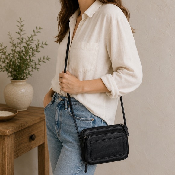 Fossil Handbags - Fossil Black Leather Crossbody Bag Organizer Wallet Purse Small Messenger
